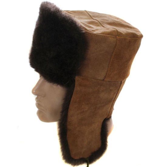 Chapeau d'hiver ushanka en fourrure marron foncé soviétique avec cuir suédé