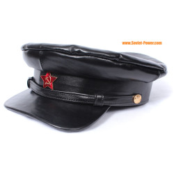 Soviet Officer black leather hat USSR Bolshevik visor cap with red star badge