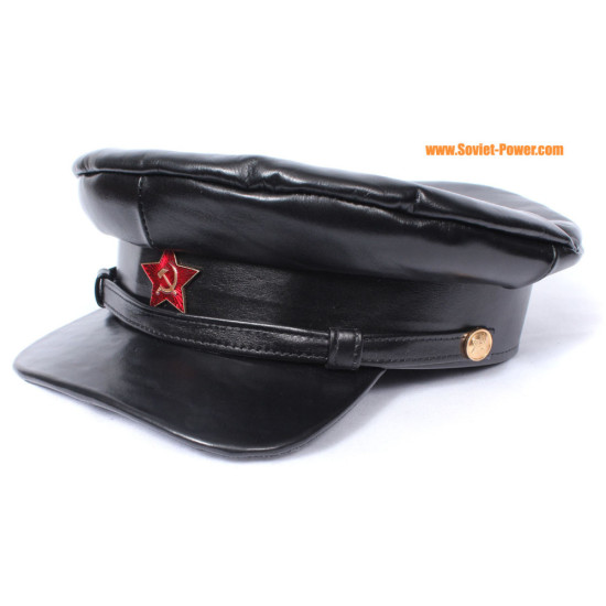 Cappello da ufficiale sovietico in pelle nera Berretto con visiera bolscevica dell'URSS con stemma della stella rossa