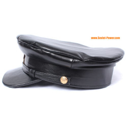 Soviet Officer black leather hat USSR Bolshevik visor cap with red star badge