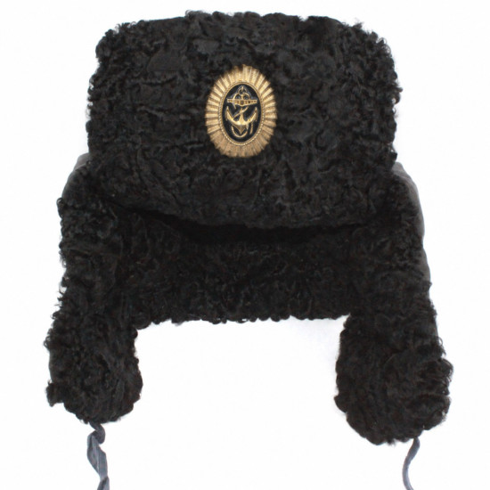 Soviet Naval Admiral Black Astrakhan Fur Leather Ushanka Hat