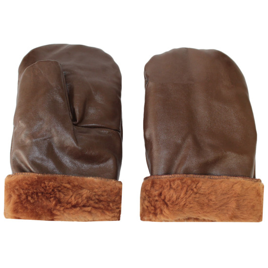 Navy Fleet leather mittens brown winter gloves