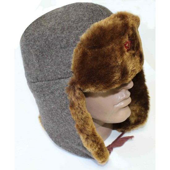 Soviet Officers Russian winter brown Ushanka with synthetic fur