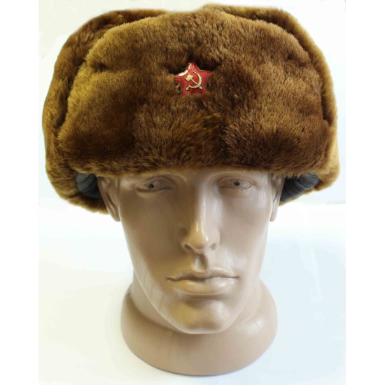ソビエト将校ロシアの冬茶色ウシャンカ、合成毛皮