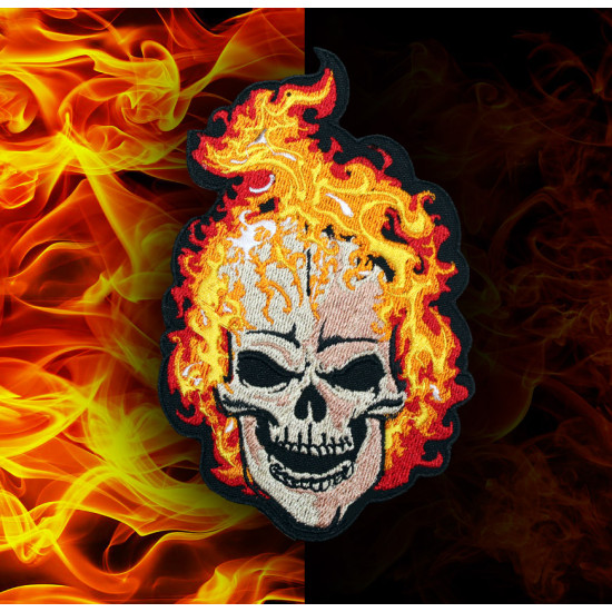 Embroidery Handmade Skull Sew-on / Iron-on / Hook and loop Flaming skull patch