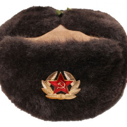 Soviet dark brown fur ushanka winter hat with suede leather