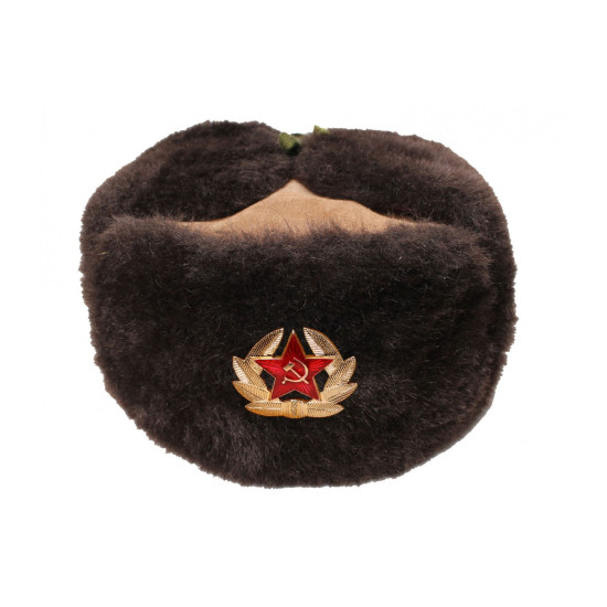 Cappello invernale ushanka di pelliccia marrone scuro sovietico con pelle scamosciata