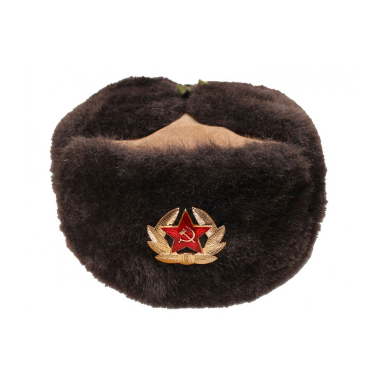 Cappello invernale ushanka di pelliccia marrone scuro sovietico con pelle scamosciata Cappello invernale ushanka di pelliccia marrone scuro sovietico con pelle scamosciata