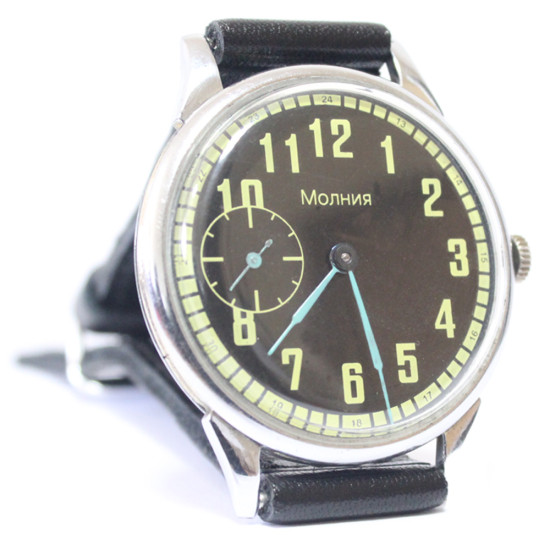 Soviet wrist watch 24 hours Molnija with black dial