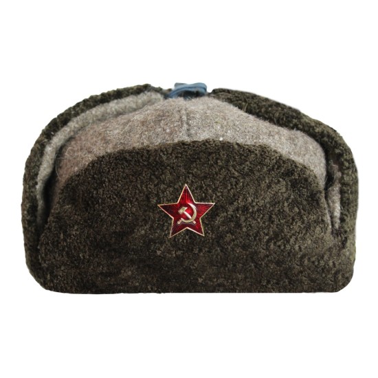 Vintage grüne Uschanka-Hut des Offiziers der sowjetischen Roten Armee Russischer Soldat aus echtem Woll-Ohrenklappenhut