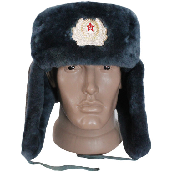 Vintage Soviet Army Blue hat Officer's Earflap Warm Winter Ushanka Genuine Military trapper hat