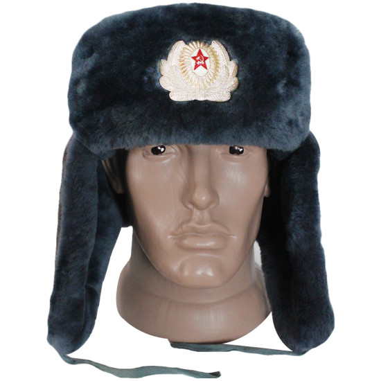 Vintage sowjetische Armee blauer Hut Offiziers Ohrenklappe warmer Winter Uschanka echter militärischer Trapperhut