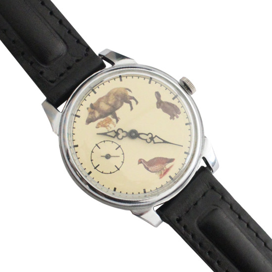 Orologio da polso sovietico vintage Molniya Hunters con animali