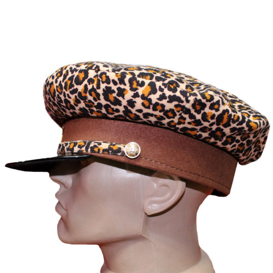 Vintage Soviet Union military Officer Leopard brown leather USSR visor hat