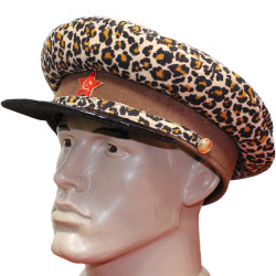 Vintage Soviet Union military Officer Leopard brown leather USSR visor hat