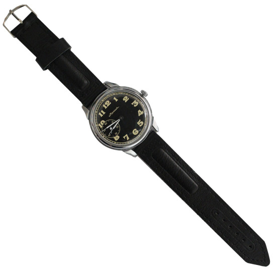 Klassische sowjetische mechanische Armbanduhr MOLNIJA mit schwarzem Zifferblatt