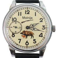 Orologio da polso sovietico vintage Molnija Hunter con cinghiale