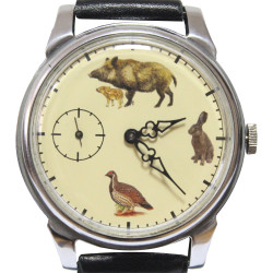 Orologio da polso sovietico vintage Molniya Hunters con animali