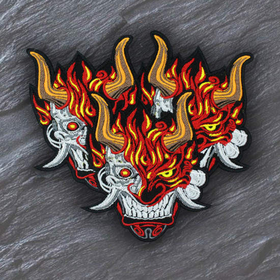 Triple Oni Demon Embroidered Iron on Patch Japan Velcro Gift