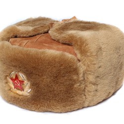 Brown fur winter hat ushanka with suede leather