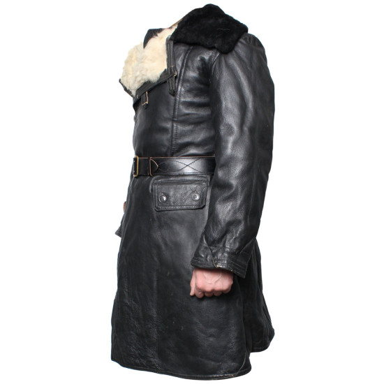 Soviet Military Leather coat with fur USSR Naval black coat