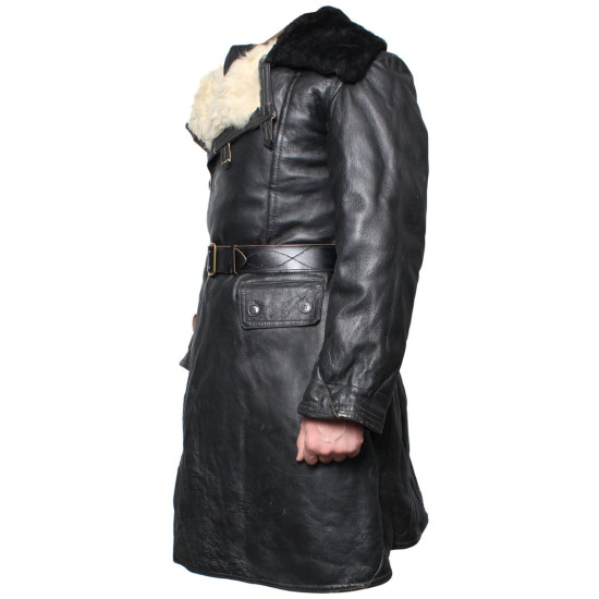 Cappotto militare sovietico in pelle con pelliccia Cappotto nero navale URSS