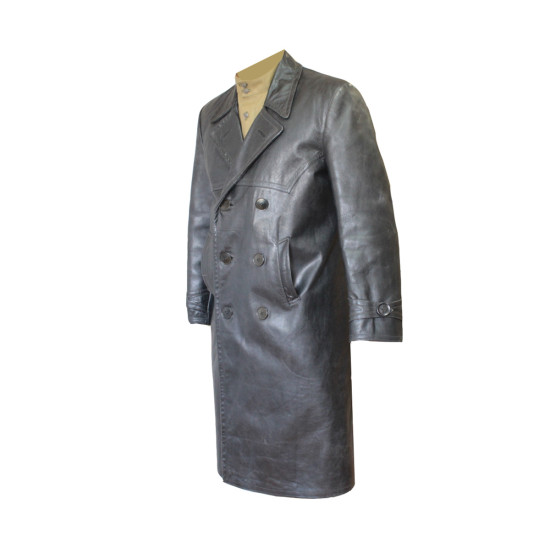 Soviet black officers leather double-breasted overcoat