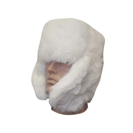 White rabbit fur fluffy winter hat ushanka