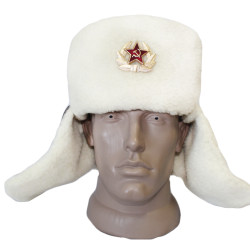 Leather officer’s USHANKA military Russian winter hat with white fur