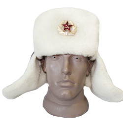 Leather officer’s USHANKA military winter hat with white fur