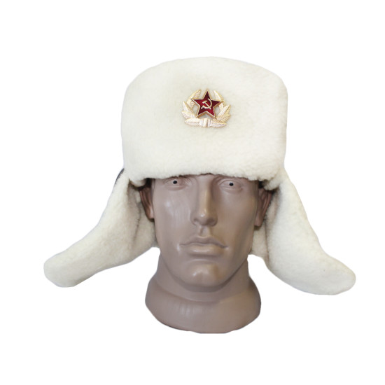 Leather officer’s USHANKA military winter hat with white fur