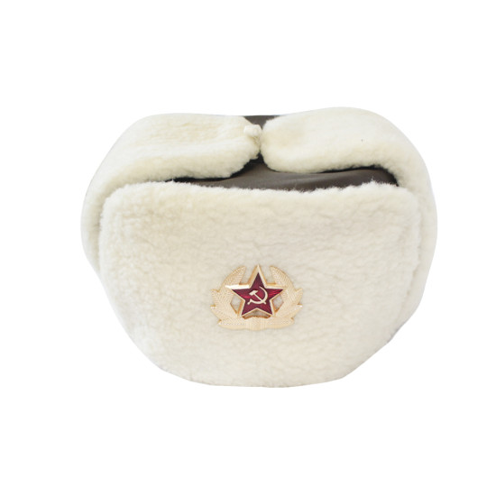 Leather officer’s USHANKA military winter hat with white fur