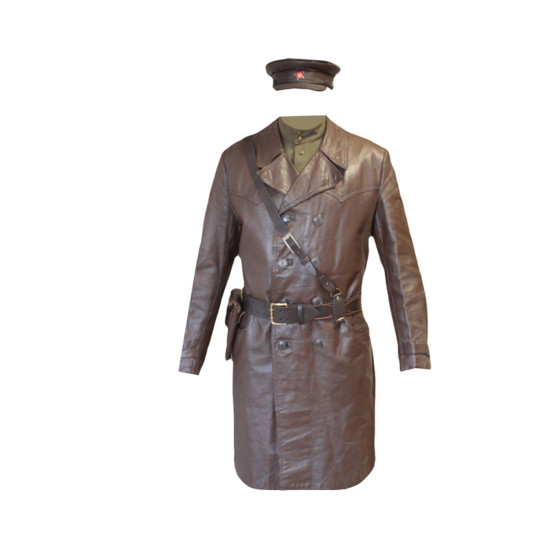 Pardessus en cuir d'officier soviétique militaire NKVD brun URSS