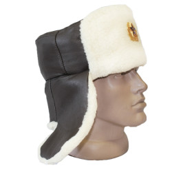 Leather officer’s USHANKA military winter hat with white fur