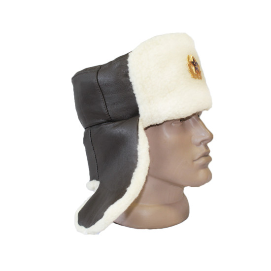 Leather officer’s USHANKA military winter hat with white fur