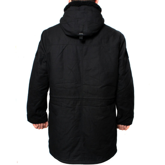 Warmer schwarzer Winterparka Taktische Kapuzenjacke mit Kapuze im urbanen Stil Warmer schwarzer Winterparka Taktische Kapuzenjacke mit Kapuze im urbanen Stil