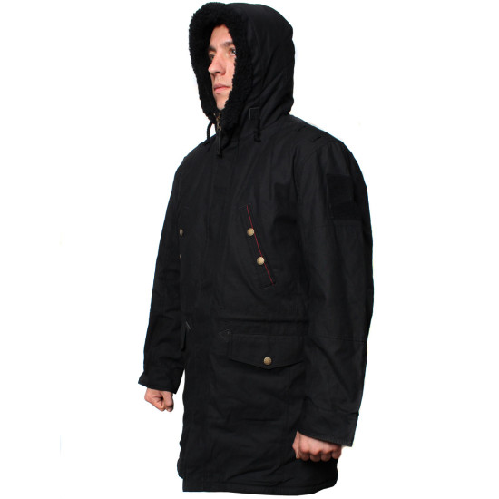 Warmer schwarzer Winterparka Taktische Kapuzenjacke mit Kapuze im urbanen Stil Warmer schwarzer Winterparka Taktische Kapuzenjacke mit Kapuze im urbanen Stil
