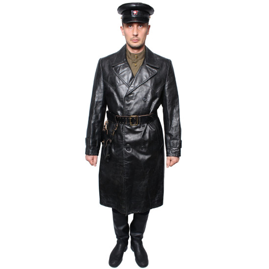 USSR black NKVD officer Leather Overcoat