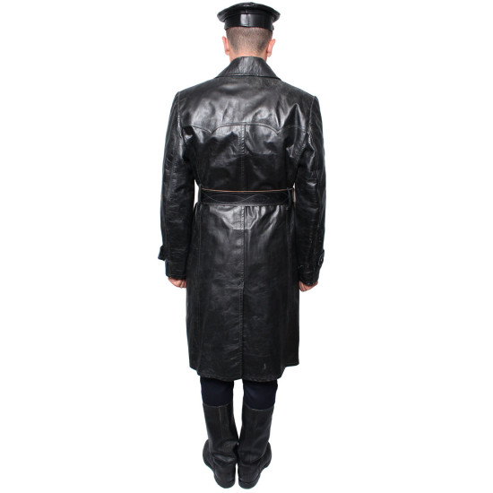 USSR black NKVD officer Leather Overcoat