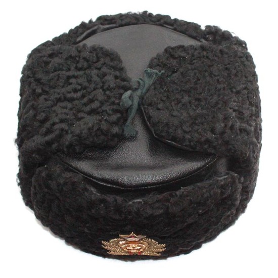 Soviet Russian Naval Admiral winter original black Astrakhan fur and leather Ushanka hat with handmade Cocarde