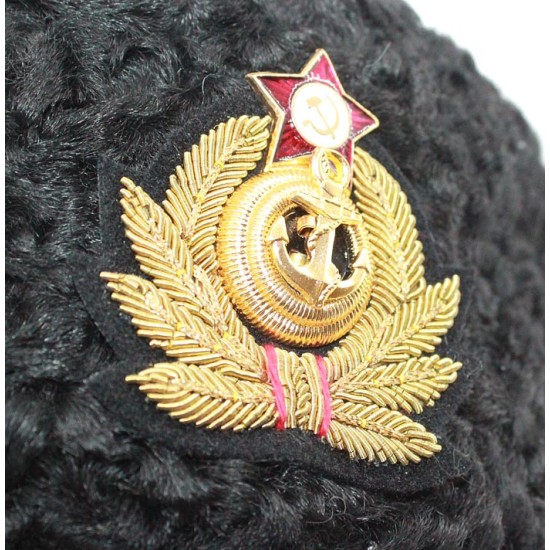 Soviet Russian Naval Admiral winter original black Astrakhan fur and leather Ushanka hat with handmade Cocarde