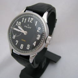 Molniya PILOT vintage black wristwatch with transparent back