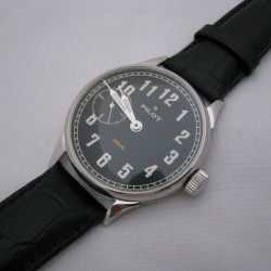 Molniya PILOT vintage black wristwatch with transparent back