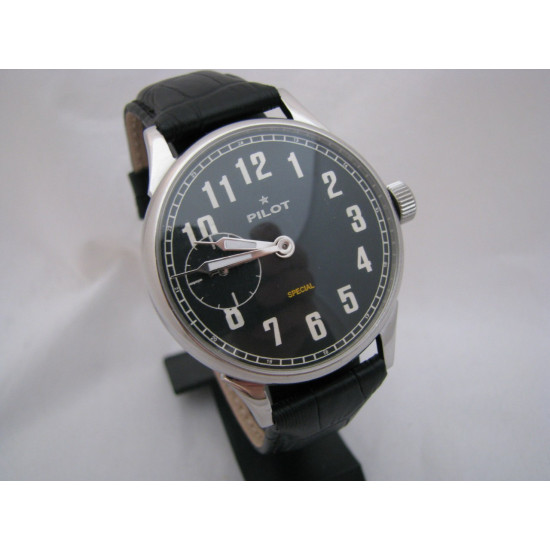 Molniya PILOT vintage black wristwatch with transparent back