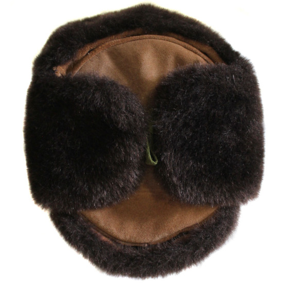 Sombrero de invierno ushanka de piel marrón oscuro soviético con cuero de gamuza