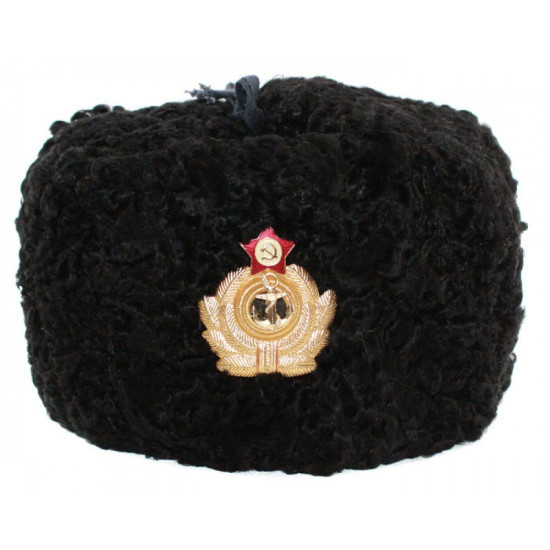 ソビエト海軍将校の冬の黒いアストラハン毛皮と革のウシャンカ帽子