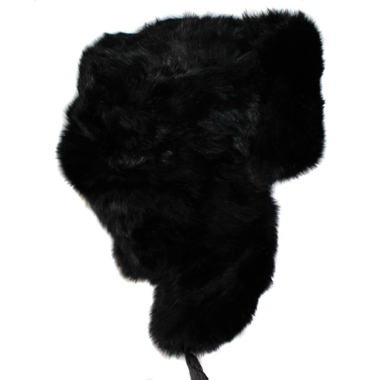 Ushanka Cappello invernale in pelliccia di coniglio nero stile sovietico con paraorecchie