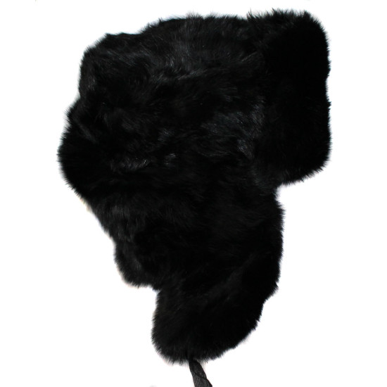 Ushanka Soviet style black rabbit fur winter hat with ear flaps