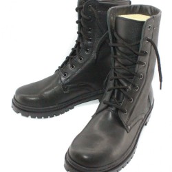 Military winter black leather boots with fur