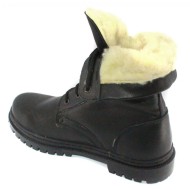 Military winter black leather boots with fur